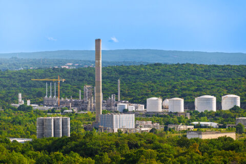 Industrial refinery and facility surrounded by greenery